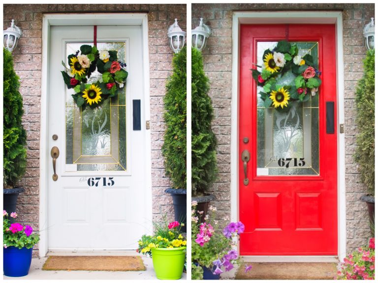 Painting The Front Door Red DIY Eclectic Spark   Painting Front Door Red Diy Before And After Behr Exterior Paint And Primer In One Red Geranium 768x576 