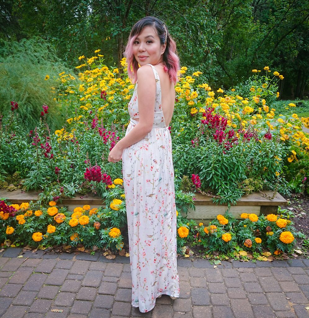 after back before floral bird branch maxi dress DIY alterations Montreal fashion beauty lifestyle blog