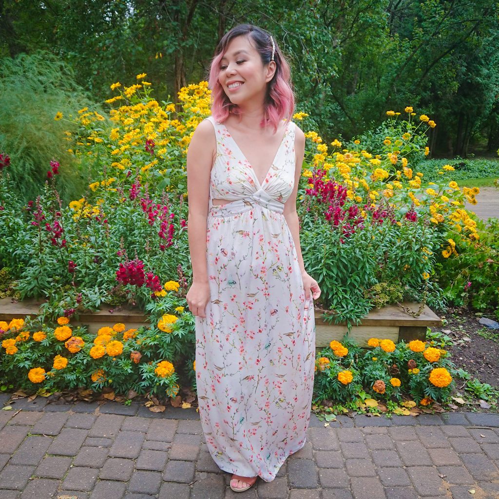 after front before floral bird branch maxi dress DIY alterations Montreal fashion beauty lifestyle blog