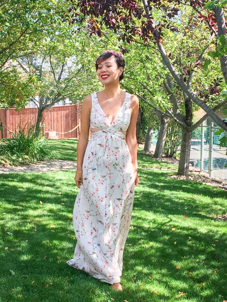 before floral bird branch maxi dress DIY alterations Montreal fashion beauty lifestyle blog 3