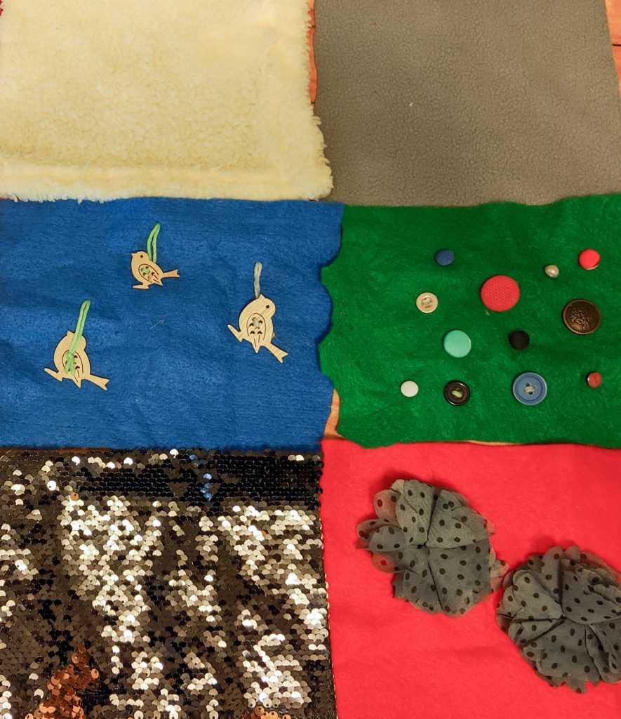 apply craft bits to fabric DIY sensory blanket Montreal lifestyle fashion beauty blog