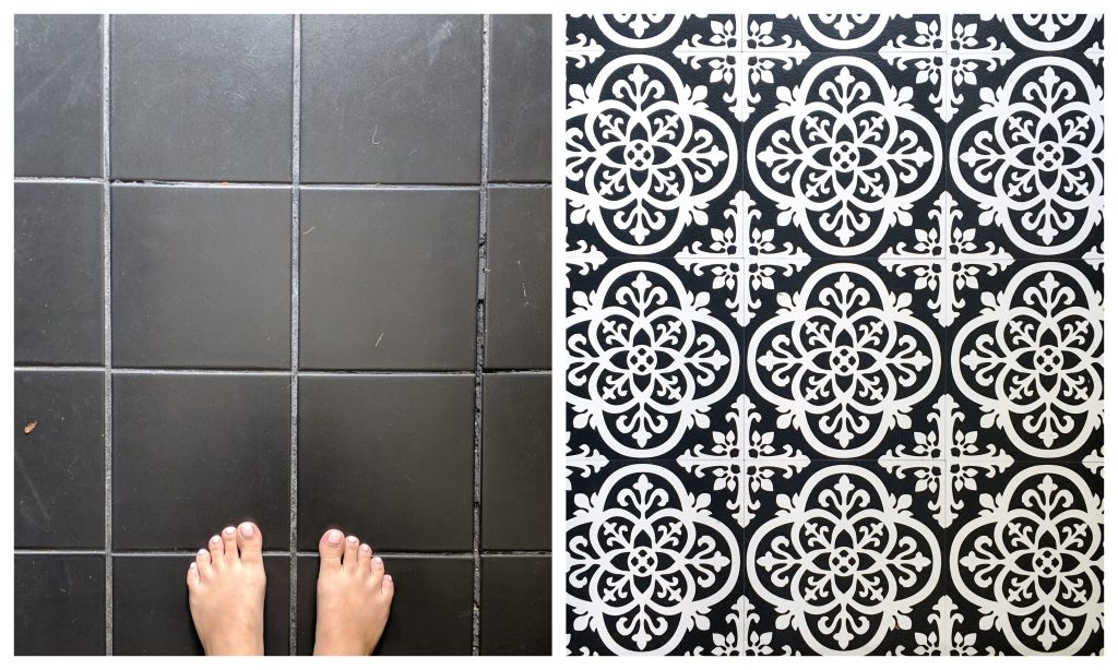 before and after DIY peel and stick floor tile Montreal lifestyle fashion beauty blog