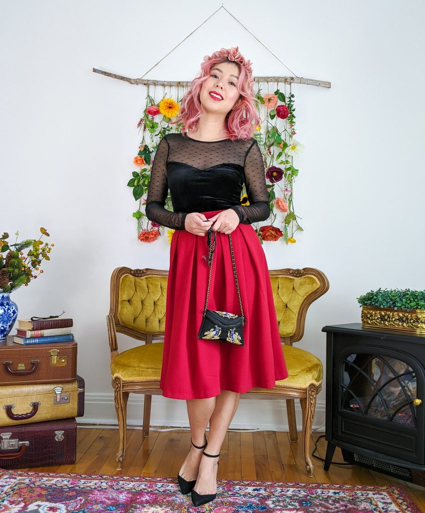 floral crown black velvet mesh top red skirt Valentine's Day date night outfit Montreal fashion beauty lifestyle blog 3