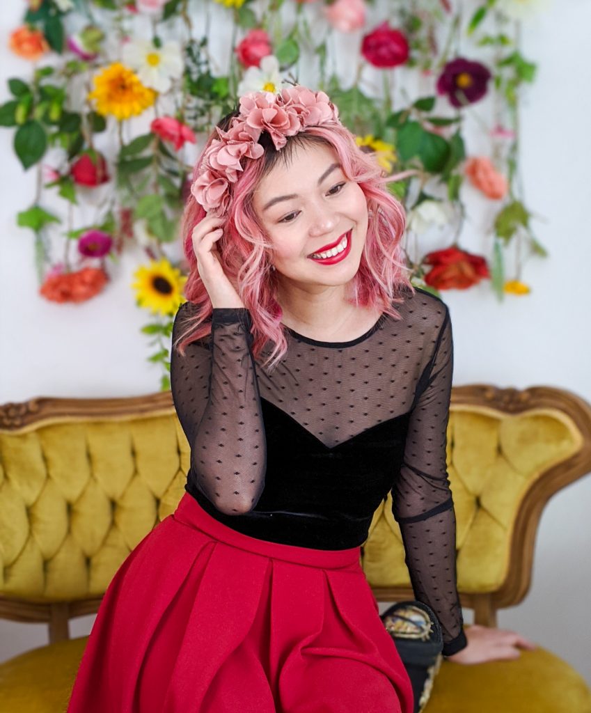 floral crown black velvet mesh top red skirt Valentine's Day date night outfit Montreal fashion beauty lifestyle blog 5