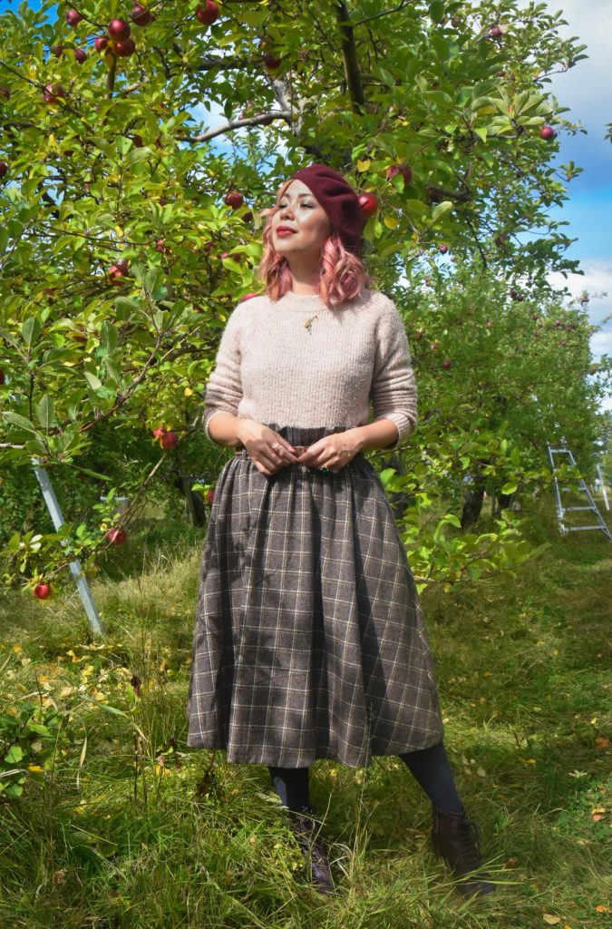 checkered skirt beret vintage retro fall fashion Quinn farm apple picking Montreal lifestyle fashion beauty blog 3