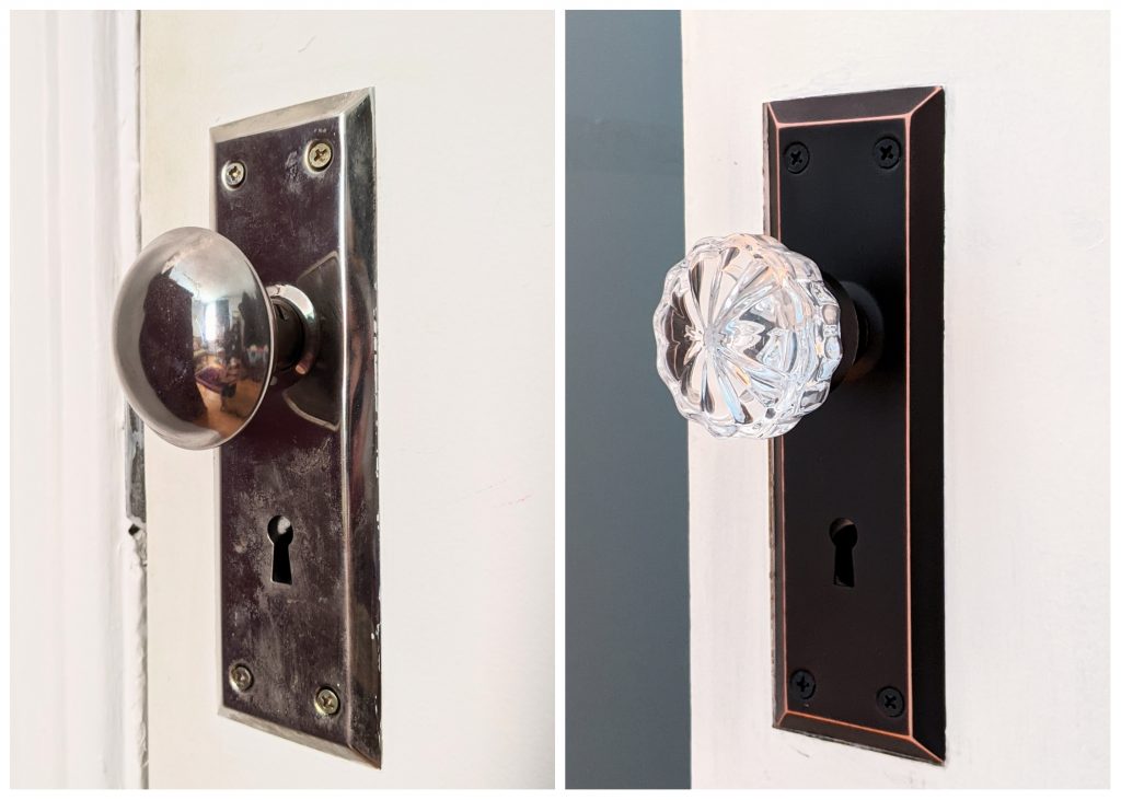 before and after vintage-inspired mortise lock doorknob DIY door remodel makeover Montreal lifestyle beauty fashion blog