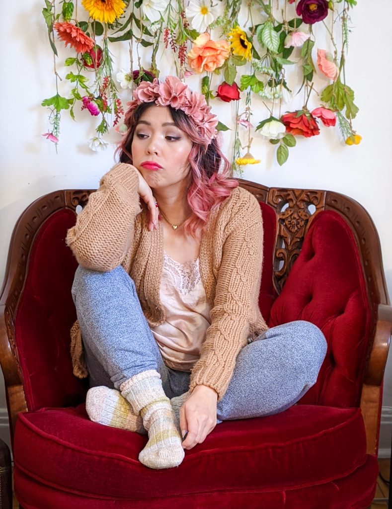 floral crown pink camisole sweatpants cardigan stay-at-home Valentine's Day date night Montreal fashion lifestyle beauty blog 3