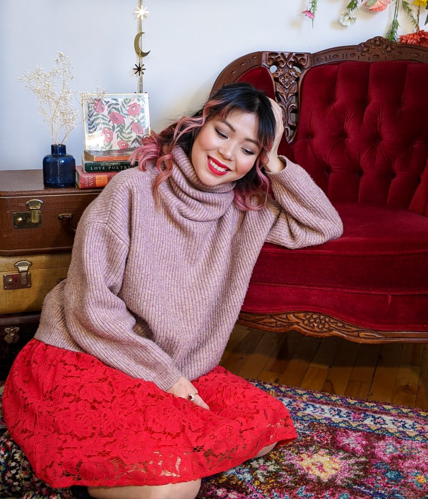 pink turtleneck red lace skirt reading socks stay-at-home Valentine's Day date night Montreal fashion lifestyle beauty blog 1