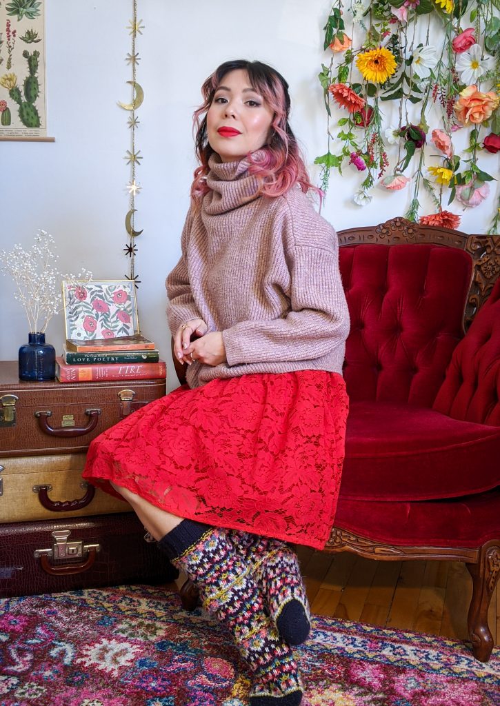 pink turtleneck red lace skirt reading socks stay-at-home Valentine's Day date night Montreal fashion lifestyle beauty blog 3