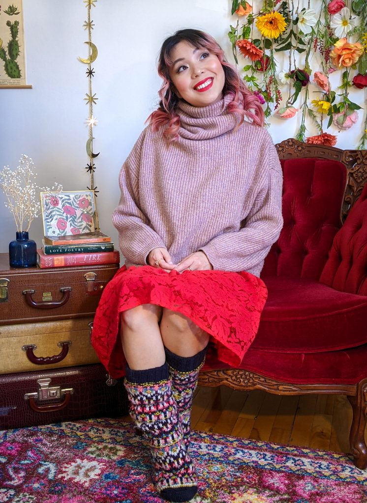 pink turtleneck red lace skirt reading socks stay-at-home Valentine's Day date night Montreal fashion lifestyle beauty blog 4