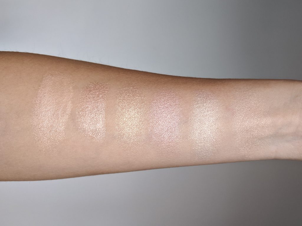 swatch Charlotte Tilbury Hollywood Flawless Filter 2 Light Filmstar Bronze And Glow Light_Medium Benefit Watt's Up Becca Shimmering Skin Perfector Champagne Pop Vanilla Quartz Rose Quartz