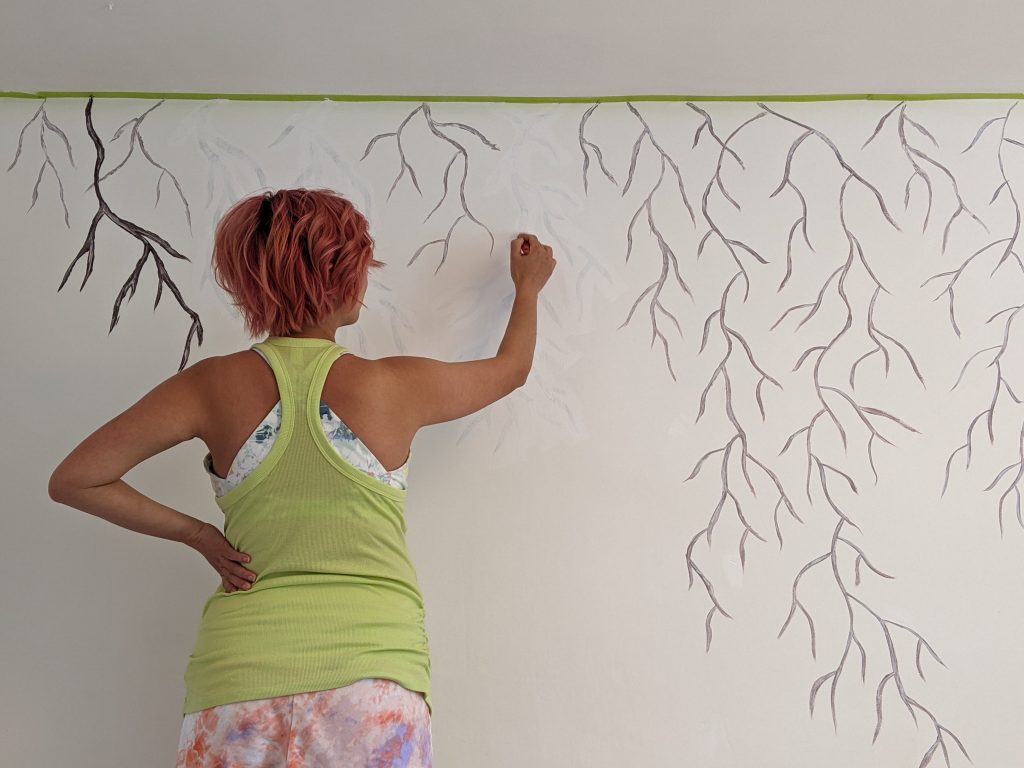 painting over dark branches DIY willow tree mural Montreal lifestyle fashion beauty blog