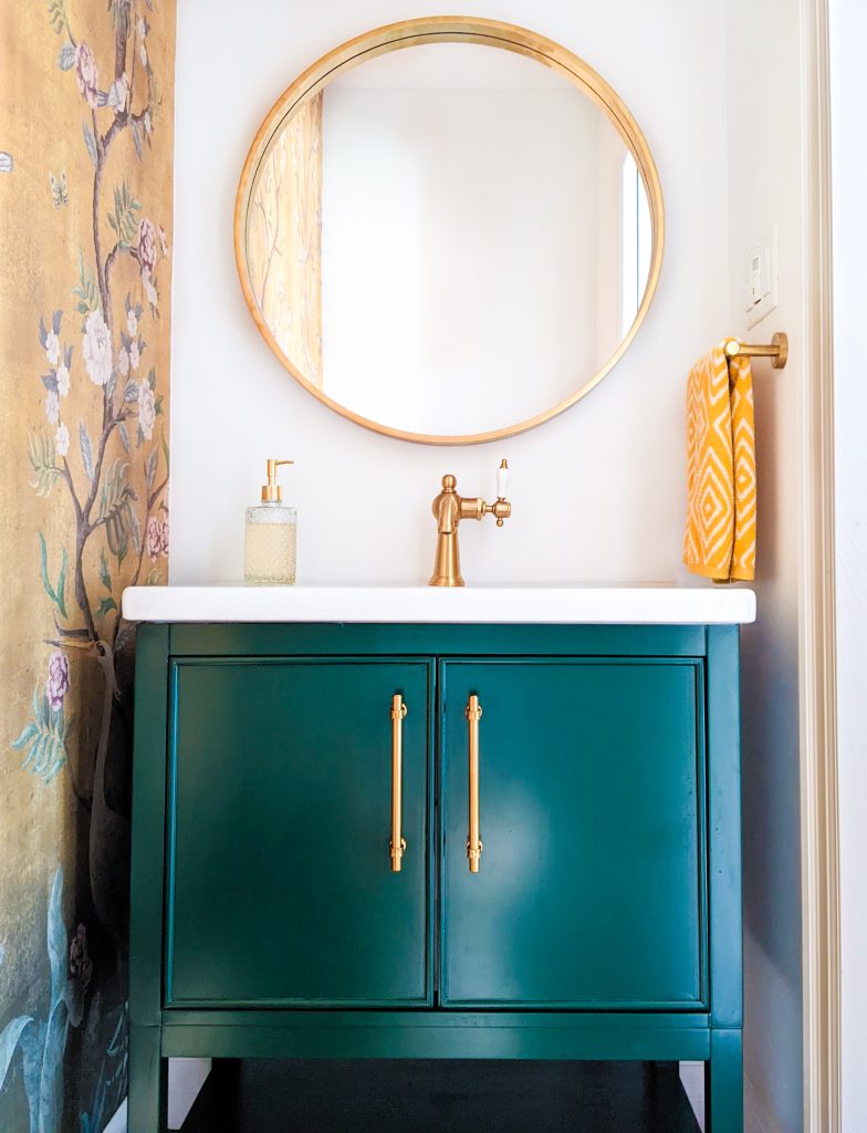 hunter green vanity bold powder room design Montreal lifestyle fashion beauty blog