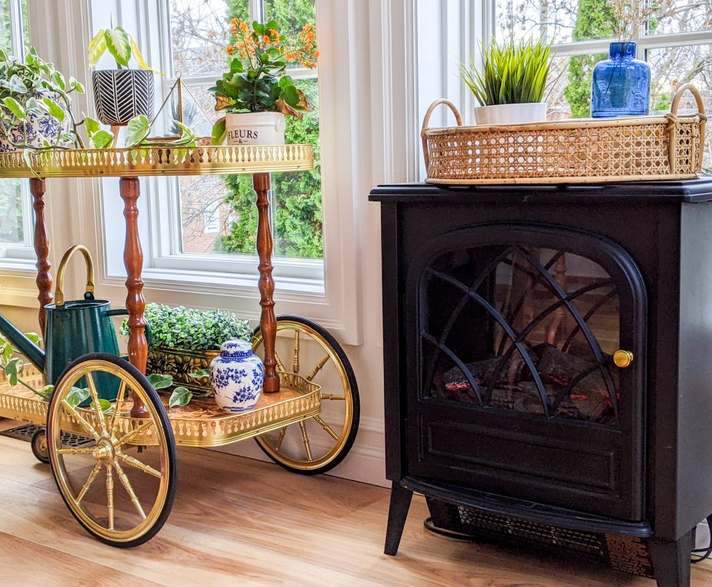 tea cart electric stove fireplace sunroom office Montreal lifestyle fashion beauty blog