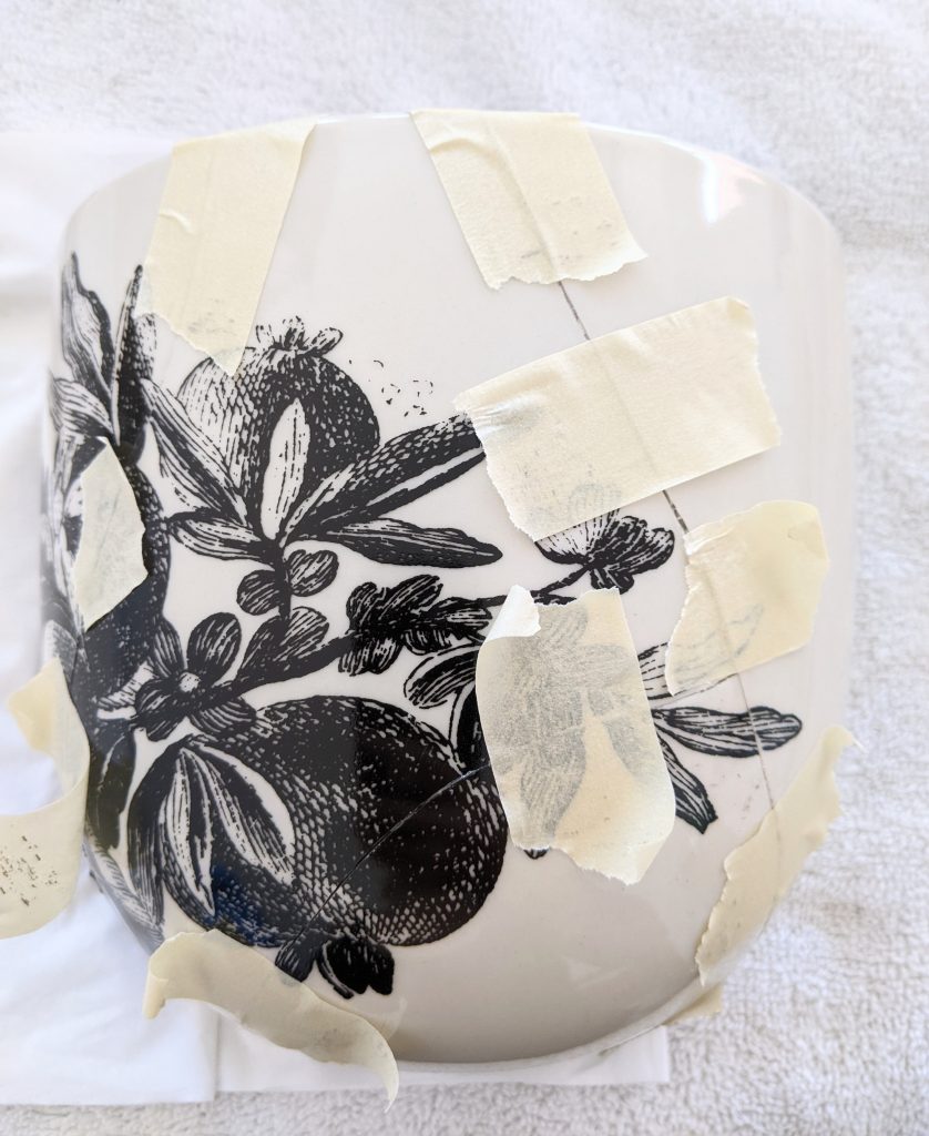 tape to hold pieces in place while it dries faux kintsugi ceramic repair Montreal lifestyle fashion beauty blog