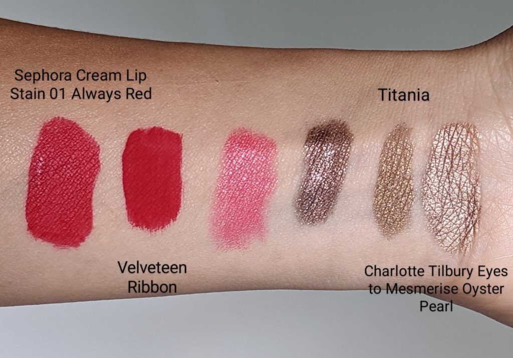 swatch comparison Sephora Cream Lip Stain 01 Always Red Velveteen Ribbon Charlotte Tilbury Eyes to Mesmerise Oyster Pearl Liquid Lurex Titania Lisa Eldridge makeup Montreal beauty fashion lifestyle blog